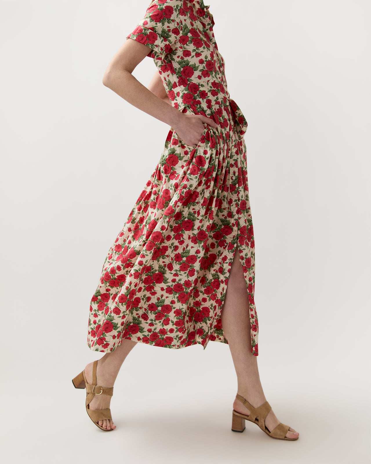 Short-Sleeved Classic Shirtwaist Maxi Dress in Red Carline Rose Liberty Fabric