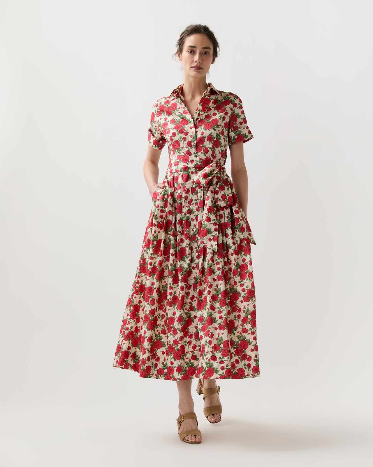 Short-Sleeved Classic Shirtwaist Maxi Dress in Red Carline Rose Liberty Fabric