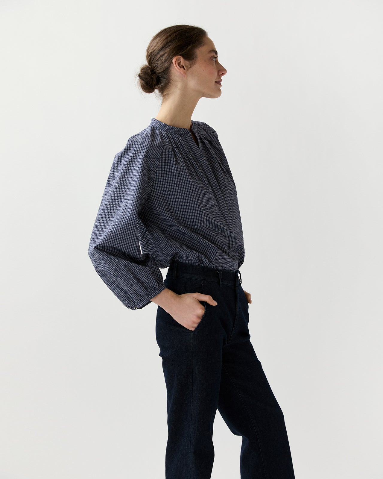 Sienna Top in Navy/Ivory Check Crinkle Cotton