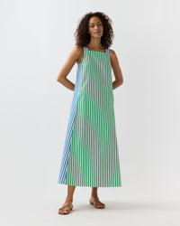 Lise Maxi Dress in Green/Blue/White Mixed Awning Stripe Poplin
