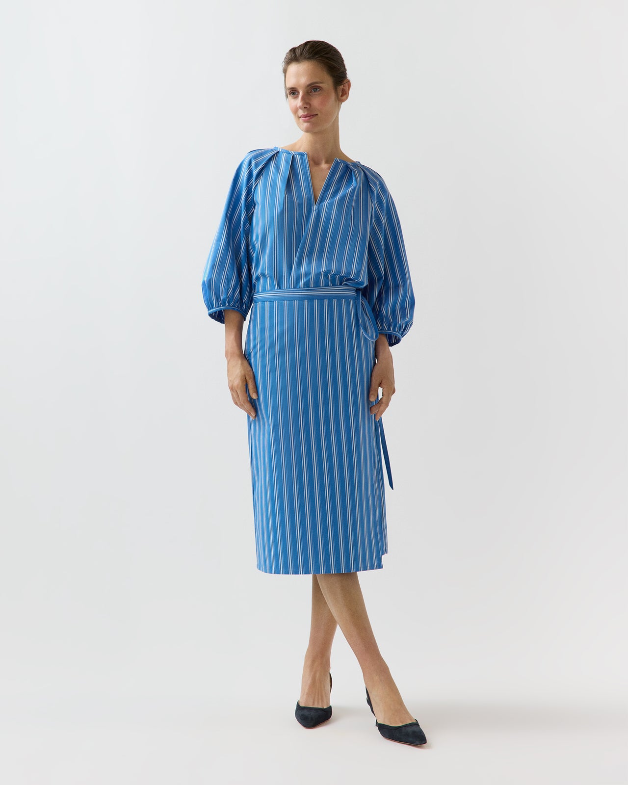 Morgan Skirt in Blue/White Variegated Stripe Poplin