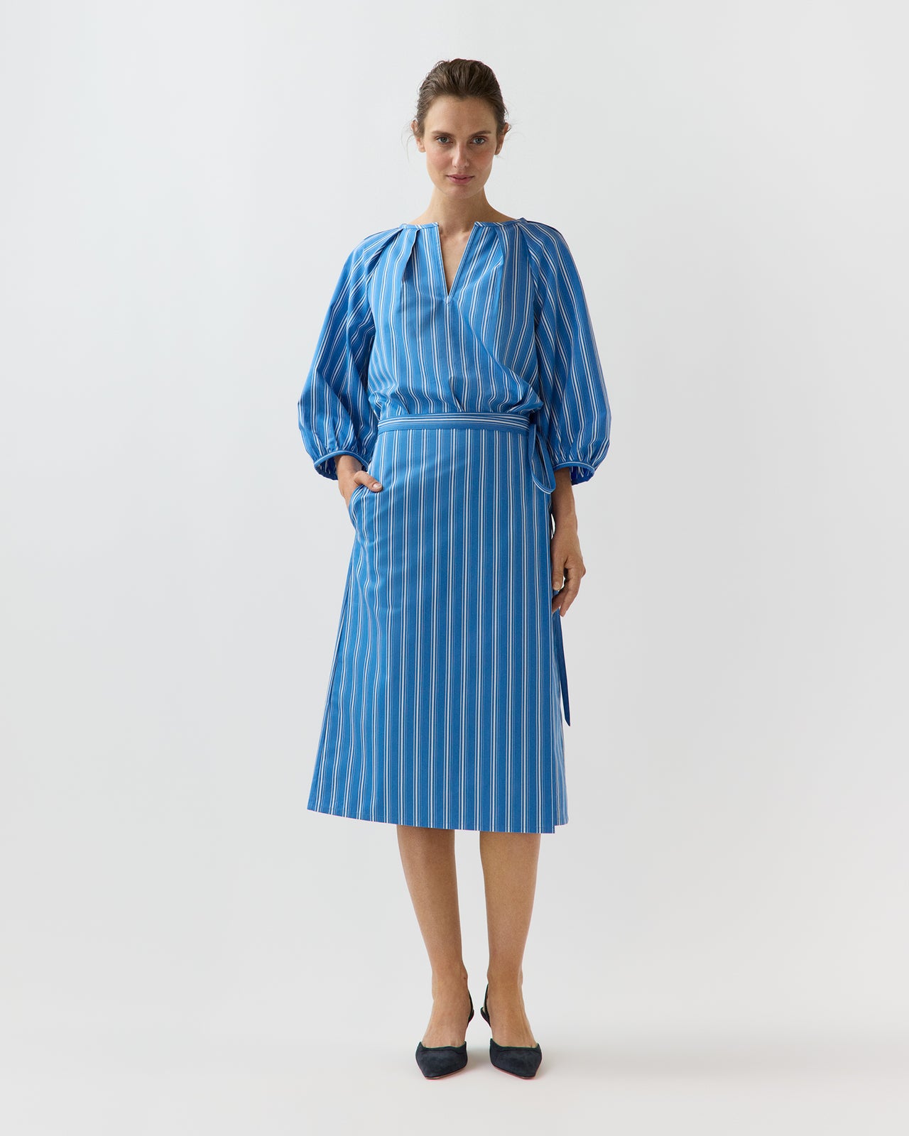 Victoria Blouse in Blue/White Variegated Stripe Poplin