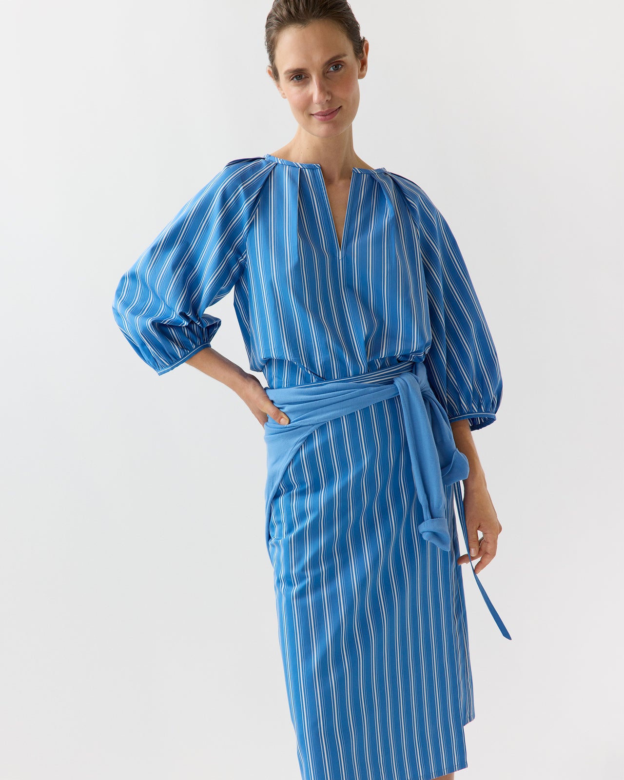 Victoria Blouse in Blue/White Variegated Stripe Poplin
