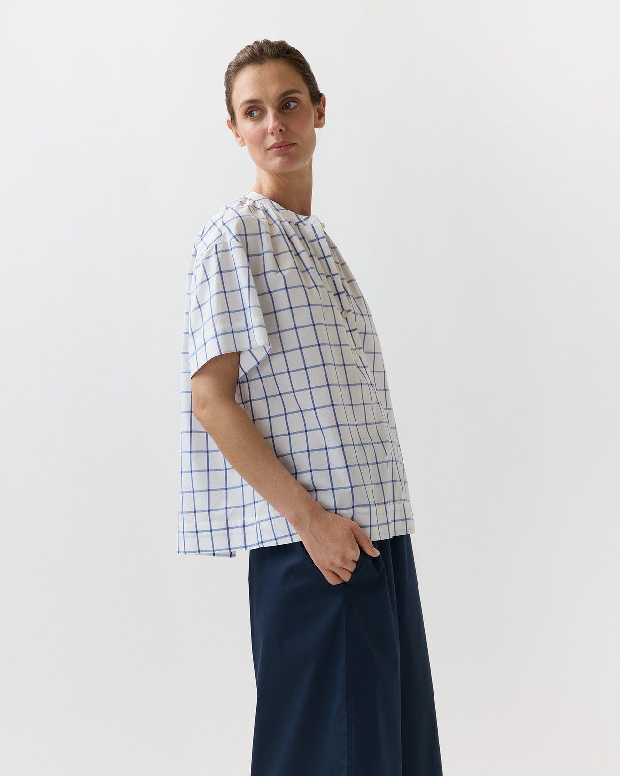 Estee Top in White/Blue Windowpane Poplin