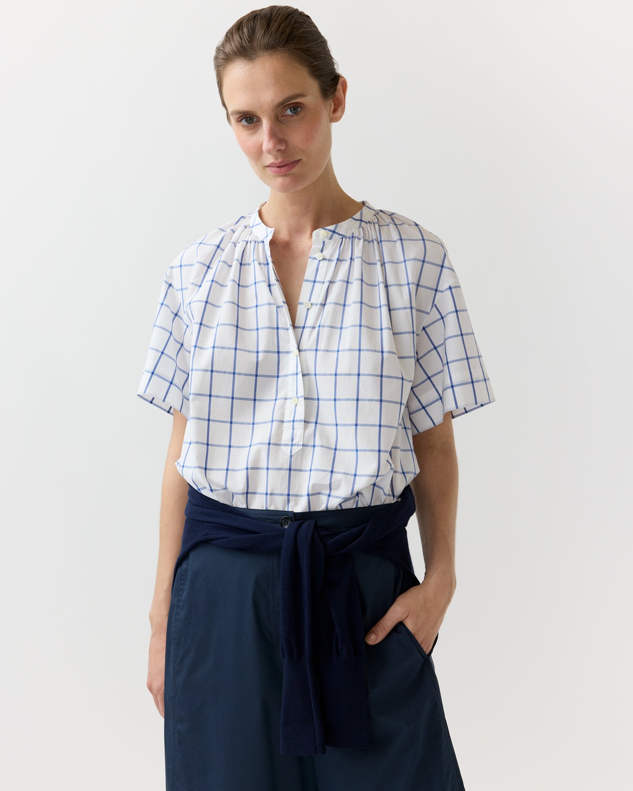 Estee Top in White/Blue Windowpane Poplin