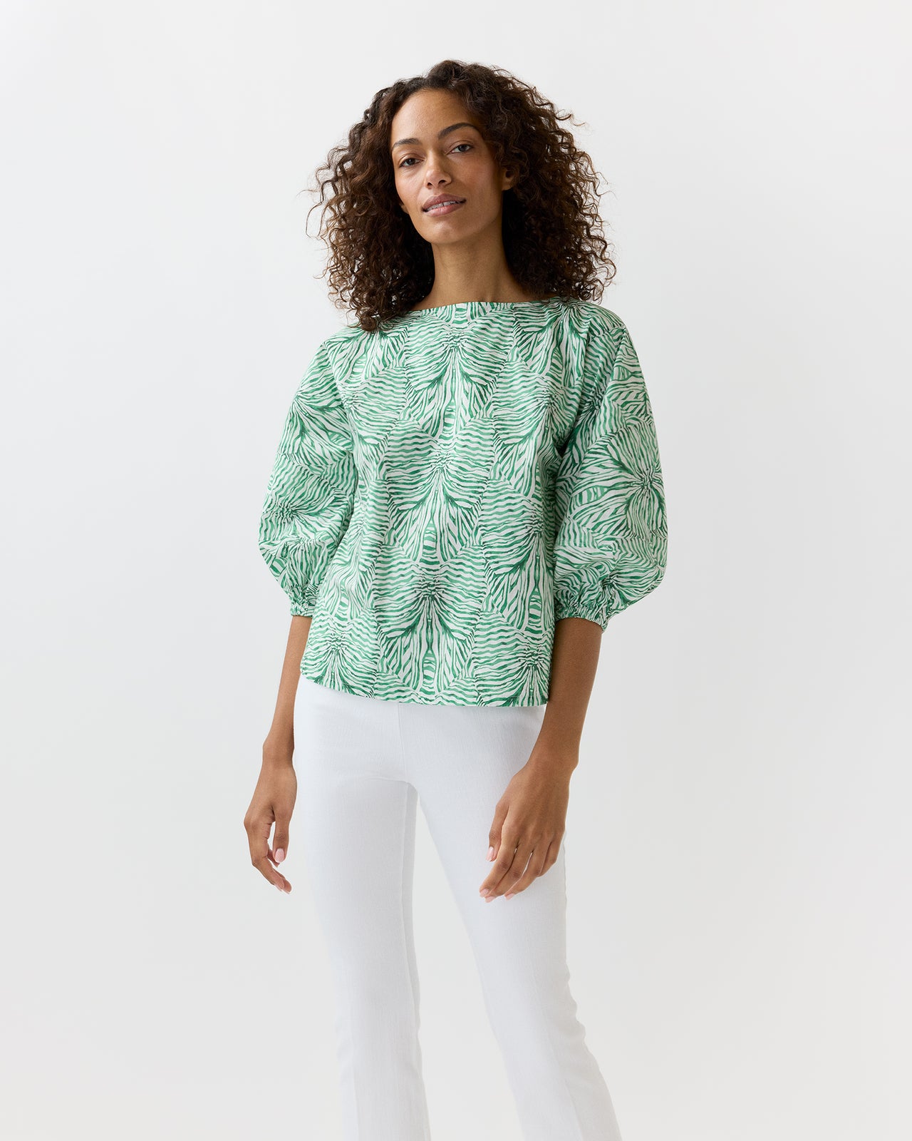 Elora Volume Top in Green Stripe And Bow Liberty Fabric
