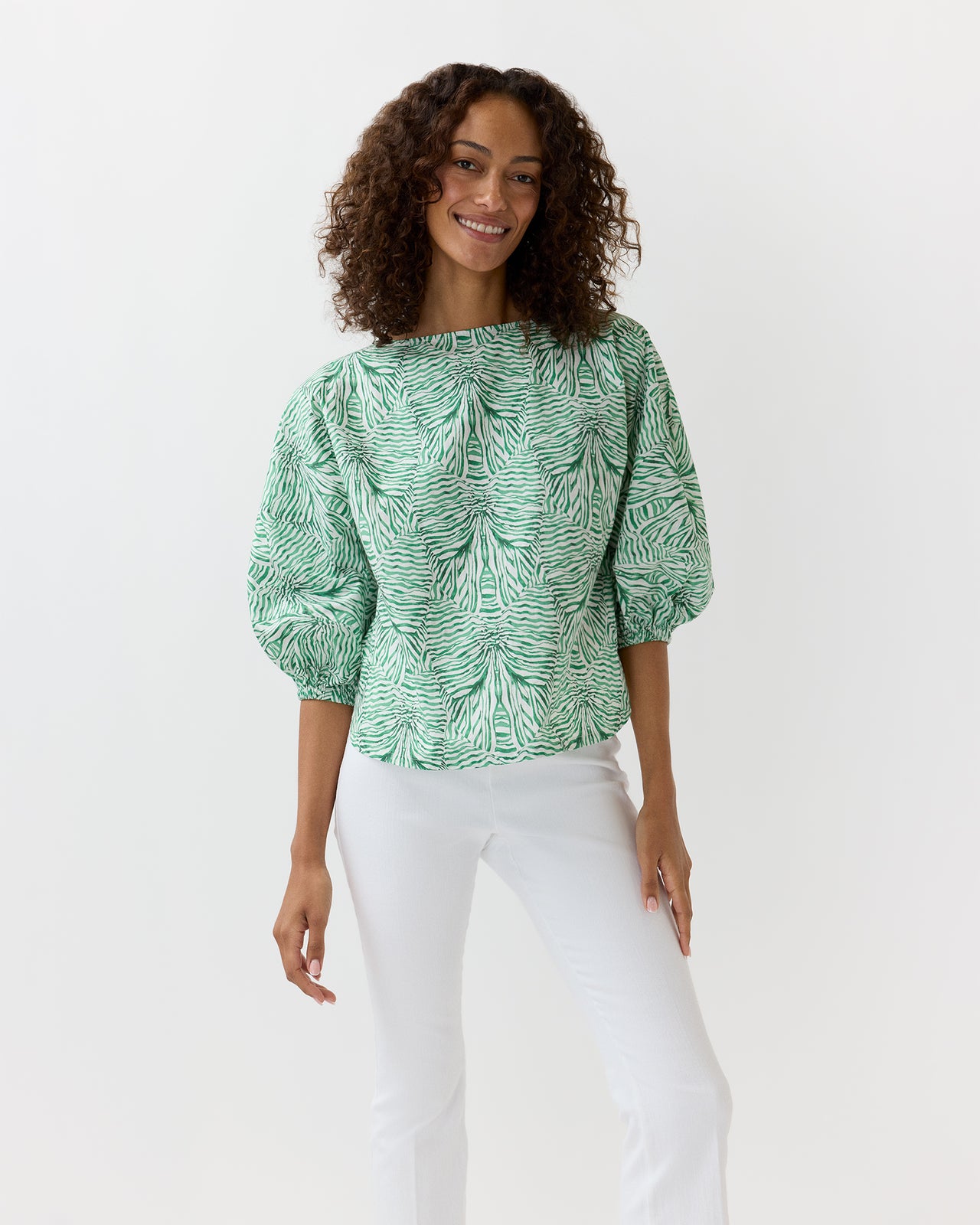 Elora Volume Top in Green Stripe And Bow Liberty Fabric