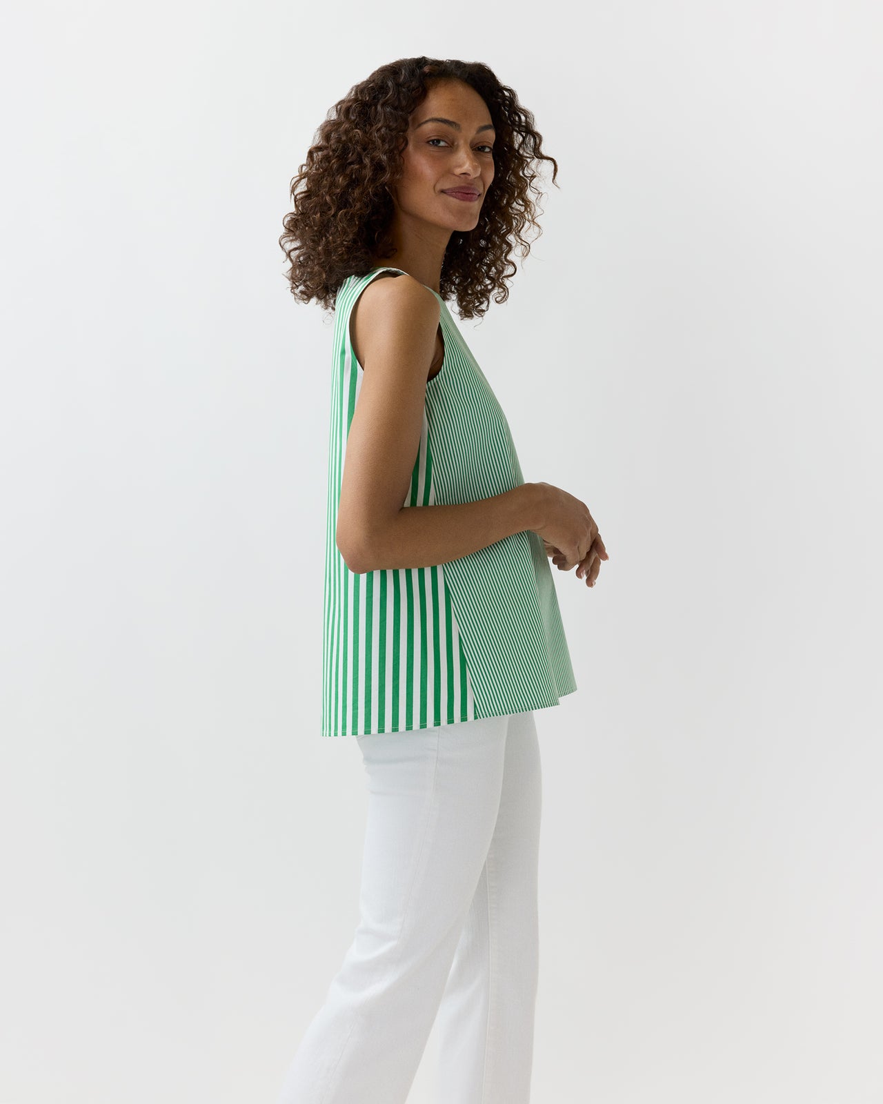 Bell Top in Green/White Mixed Stripe Poplin