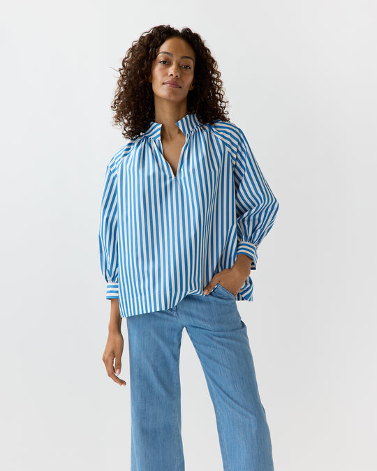 Liya Top in Blue/White Awning Stripe Poplin