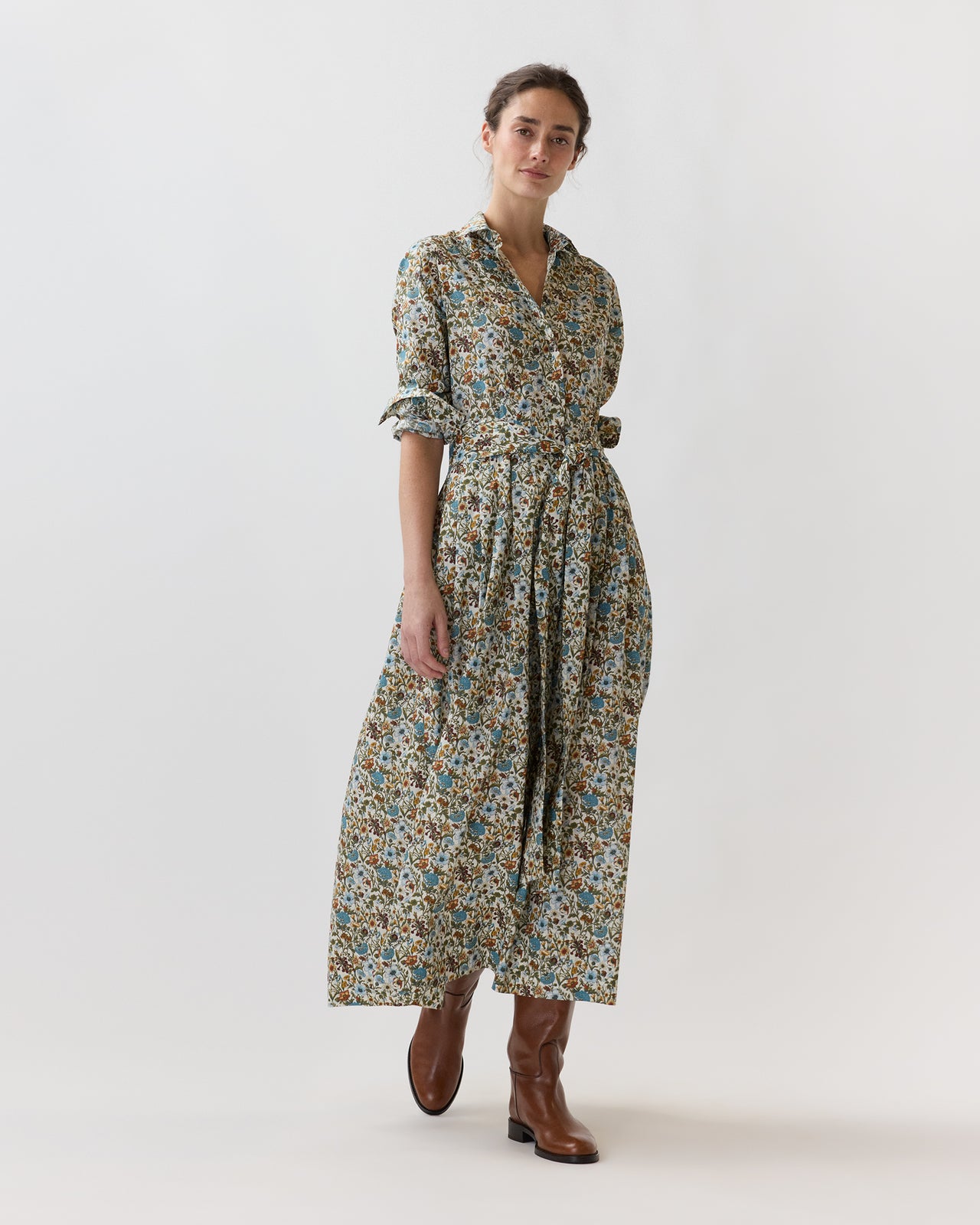 Classic Shirtwaist Maxi Dress in Moss/Cerulean Rachel Liberty Fabric