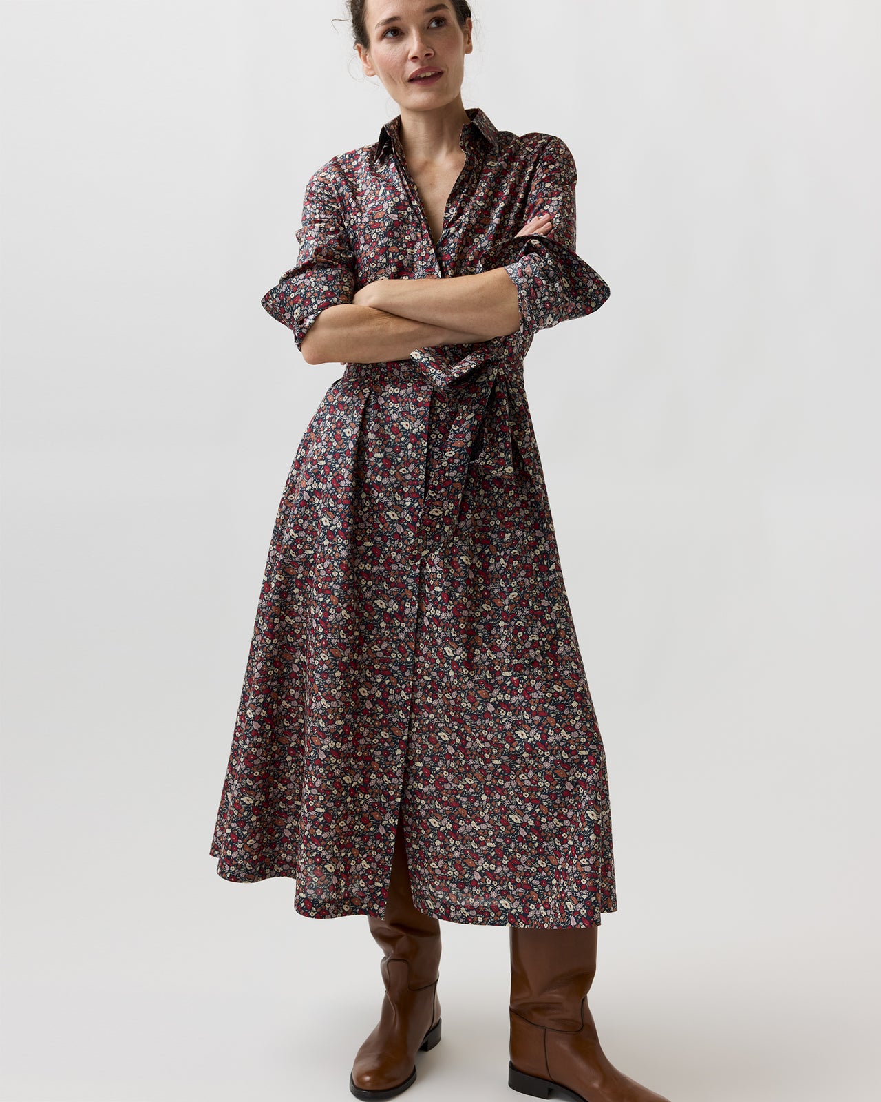 Avery Shirtwaist Dress in Navy/Red Petal & Daisy Liberty Fabric