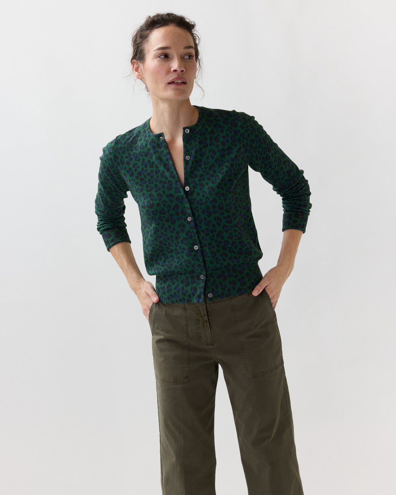 Rosie Cardigan in Green/Blue Leopard Cotton/Silk