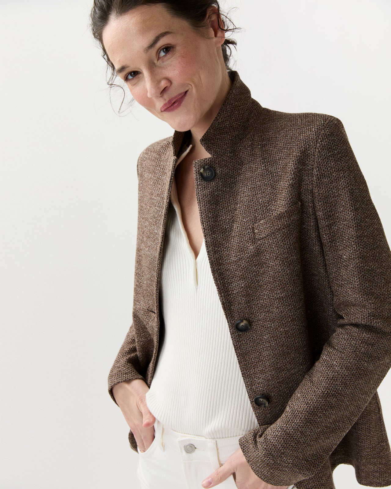 Stand Up Collar Blazer in Brown