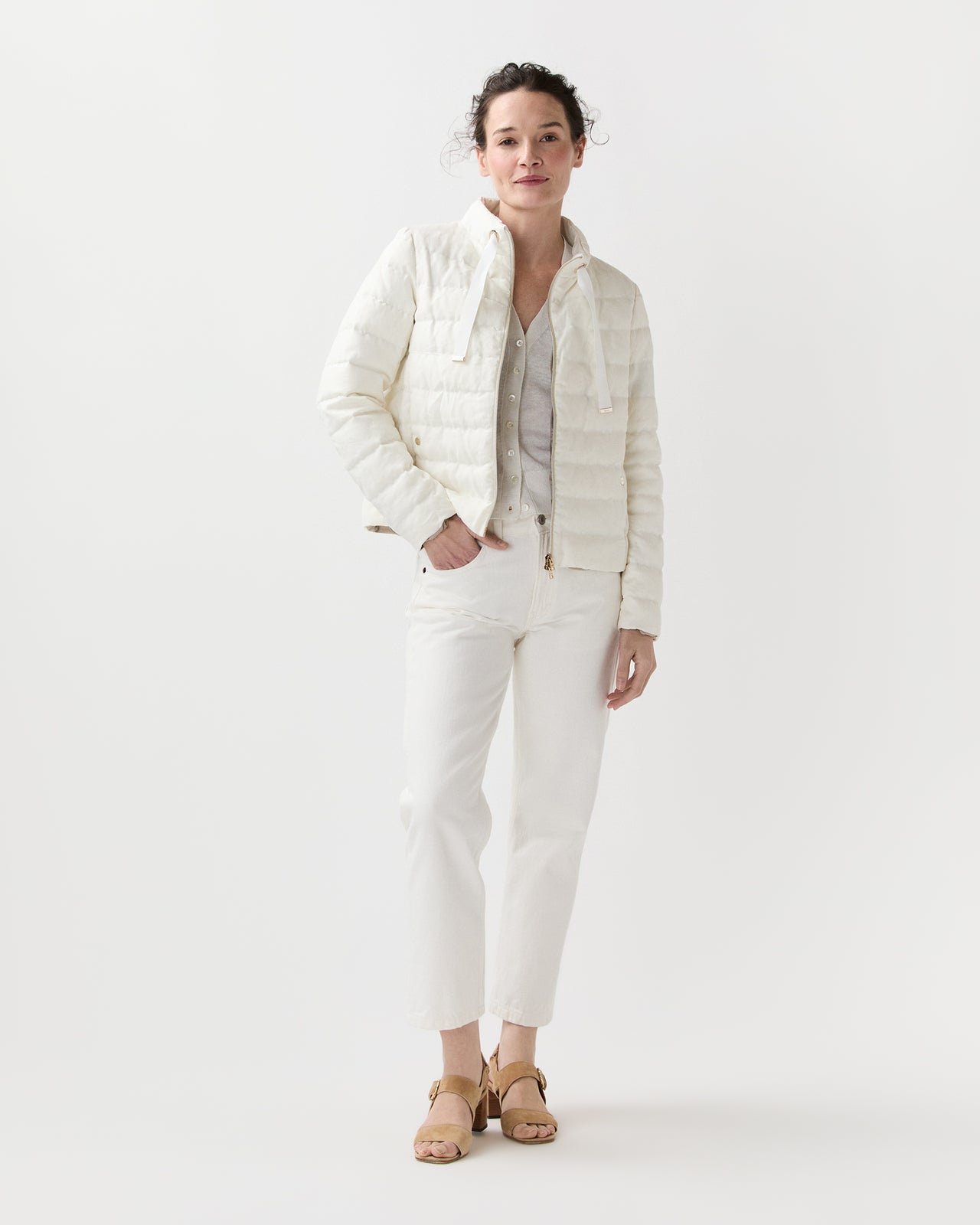 Linen Quilted Short Jacket in White