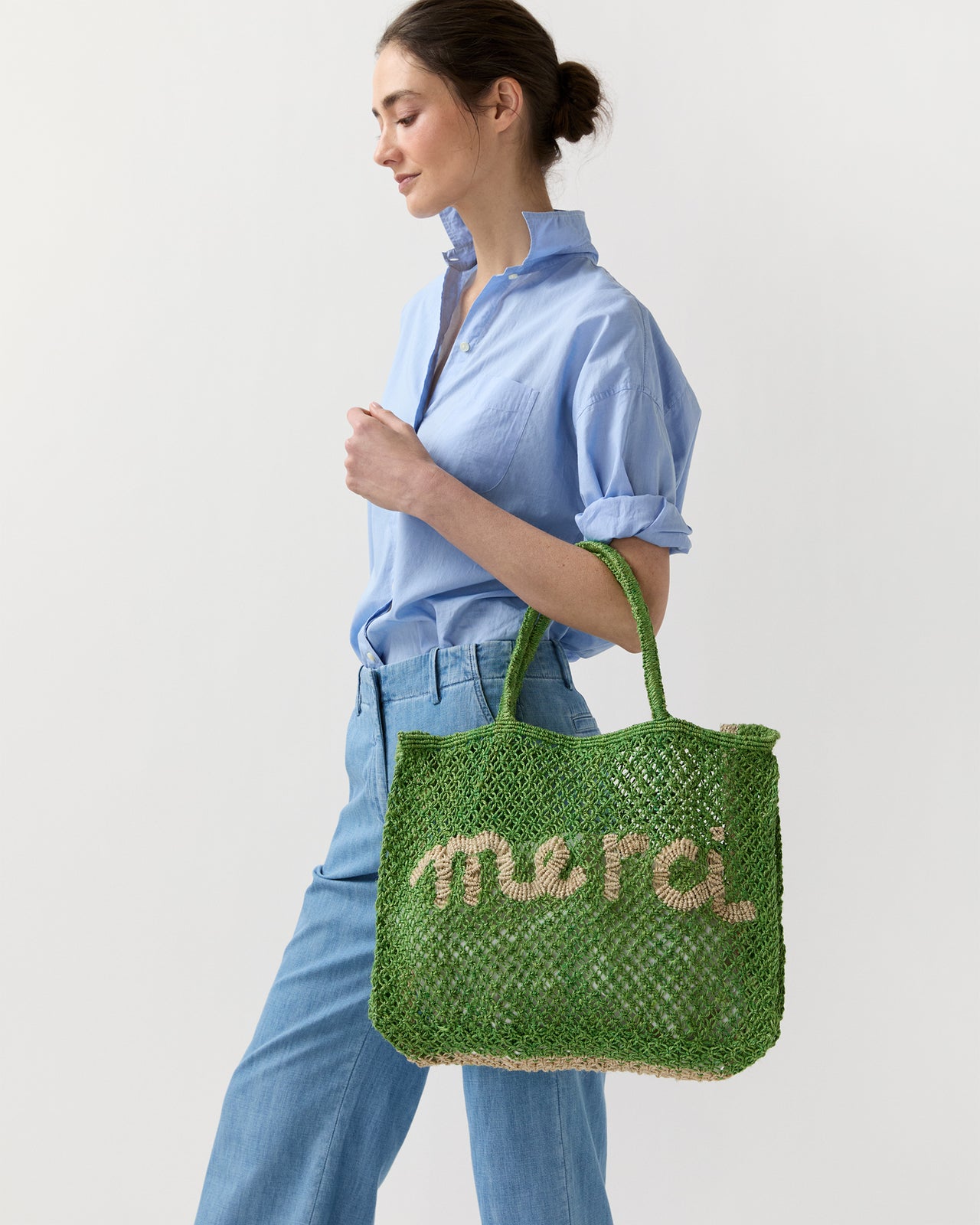 Small Merci Tote in New Green/Natural