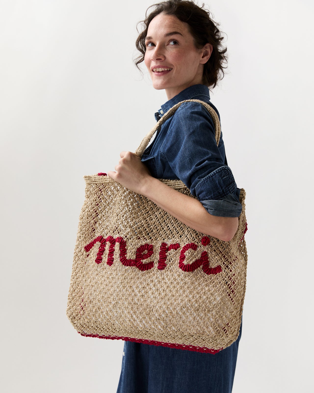 Large Merci Tote in Natural/Raspberry