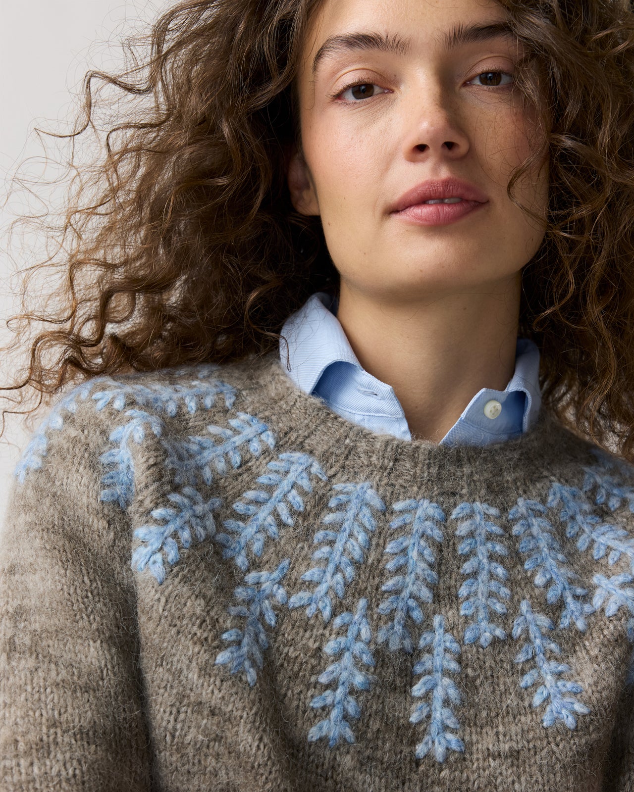 Corinna Sweater in Pewter/Blue Embroidered Wool/Alpaca