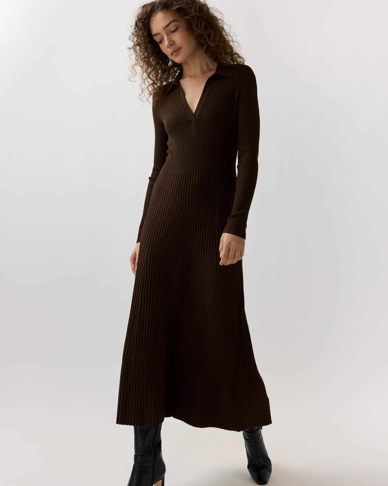Addie Johnny-Collar Dress in Brown Techno Yarn