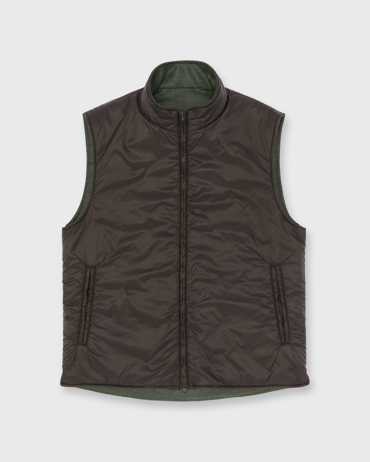 Reversible Cashpad Zip Vest in Brown Nylon/Spruce Tweed