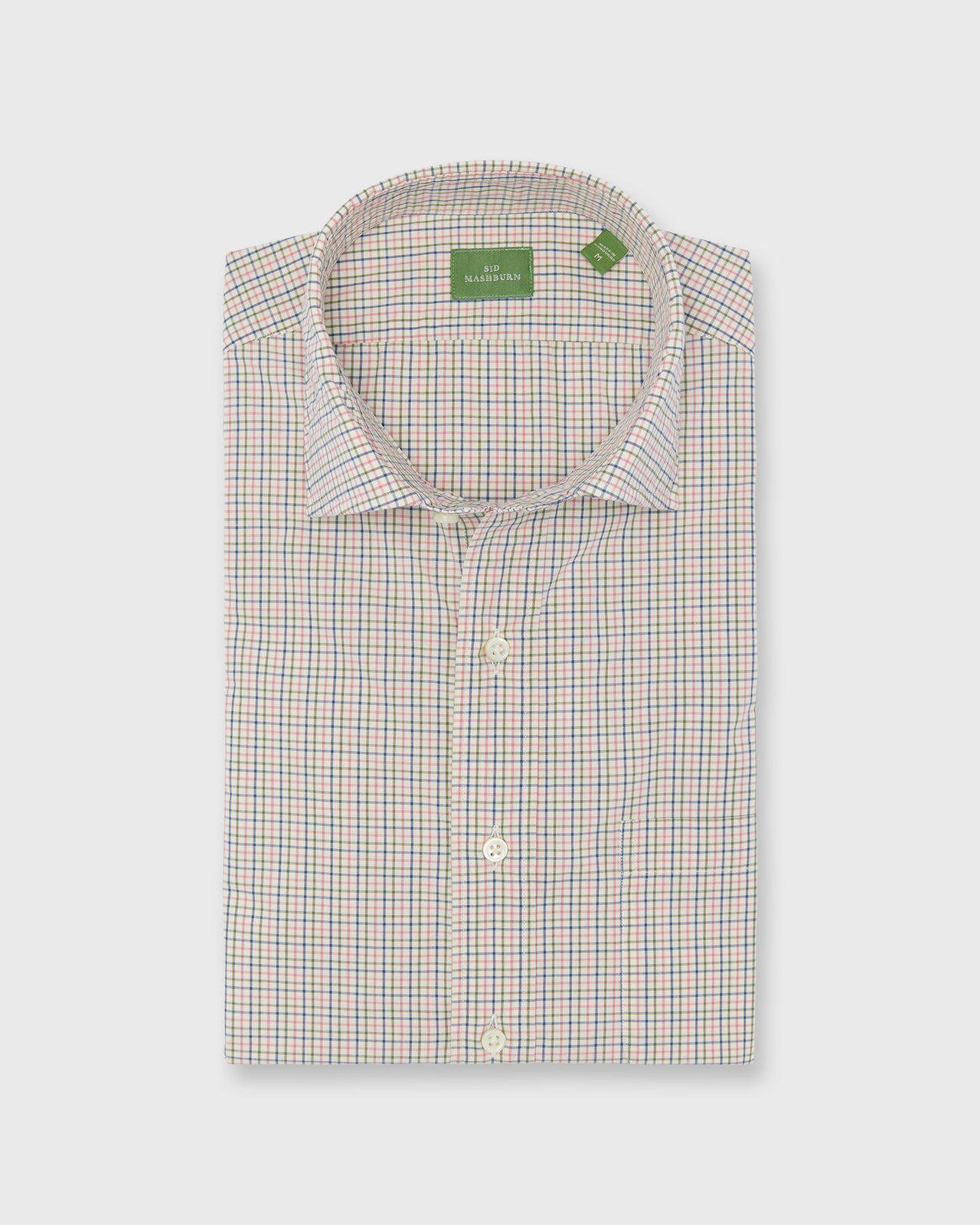 Spread Collar Sport Shirt in Pink/Olive/Blue Tattersall Poplin
