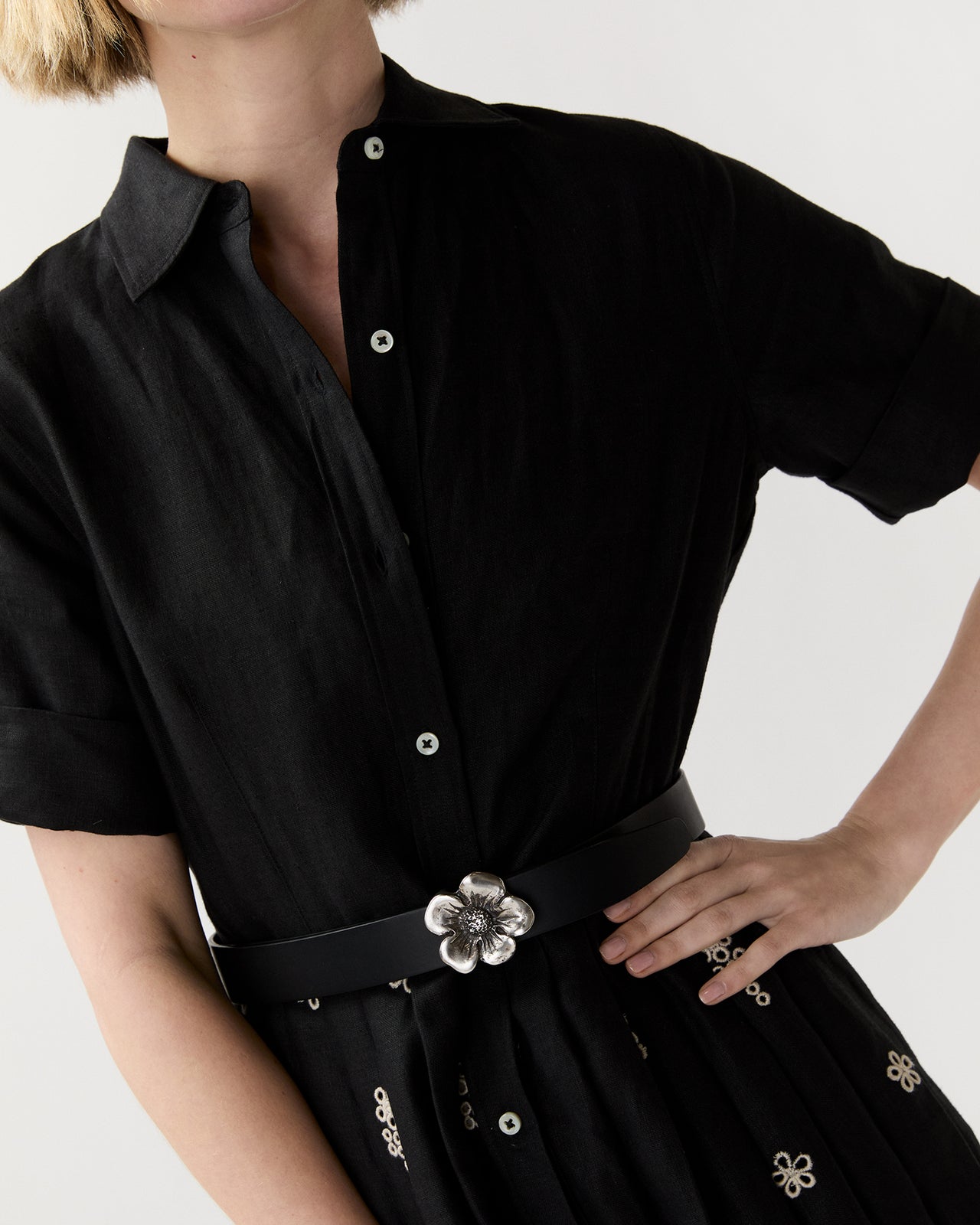 1.25" Flower Conroy Belt in Black Leather
