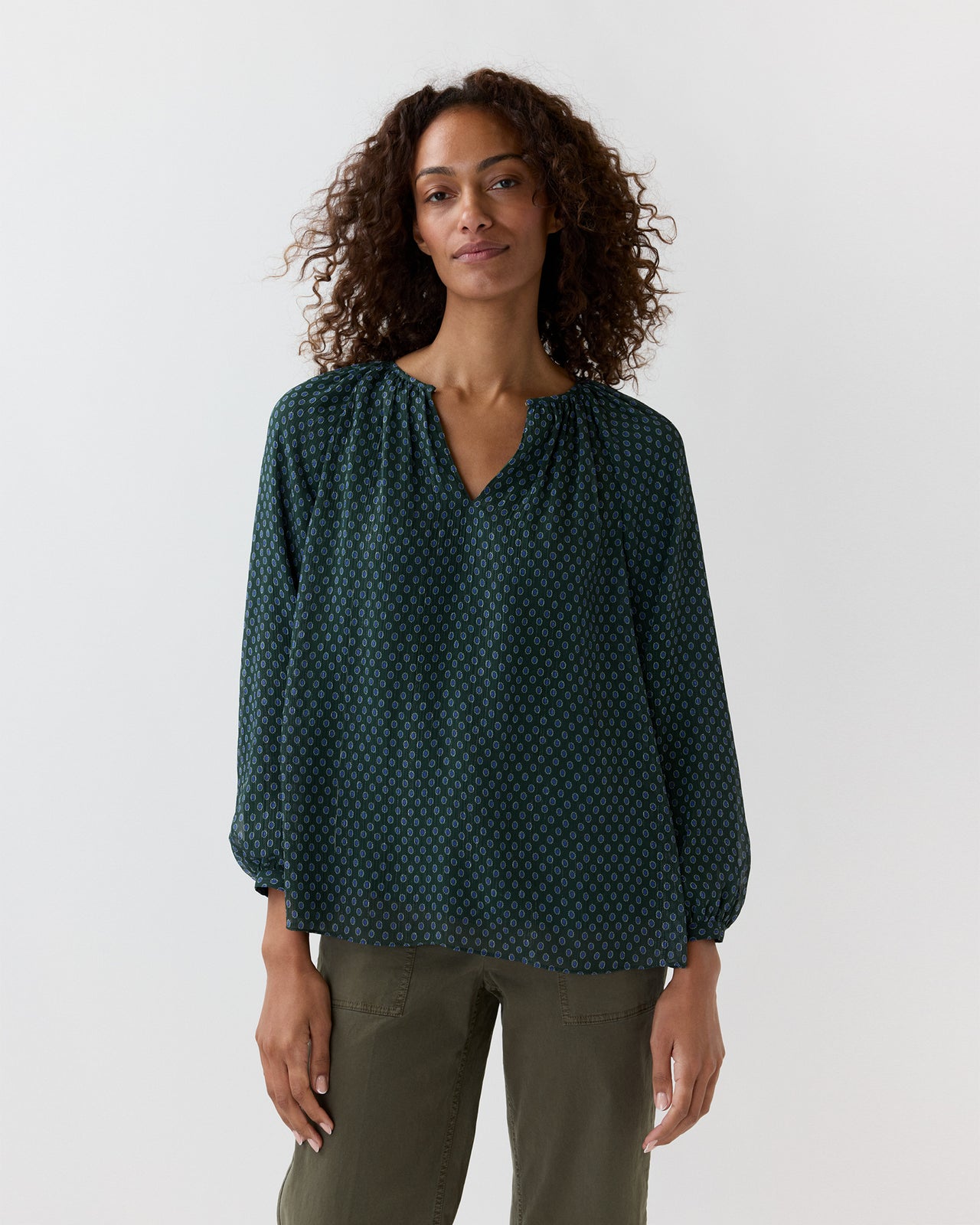 Ariana Blouse in Hunter/Lapis Foulard Metallic Georgette