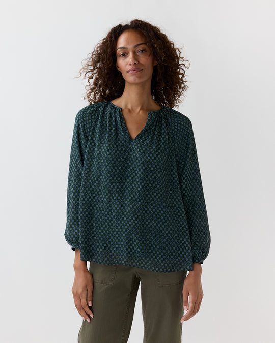 Ariana Blouse in Hunter/Lapis Foulard Metallic Georgette
