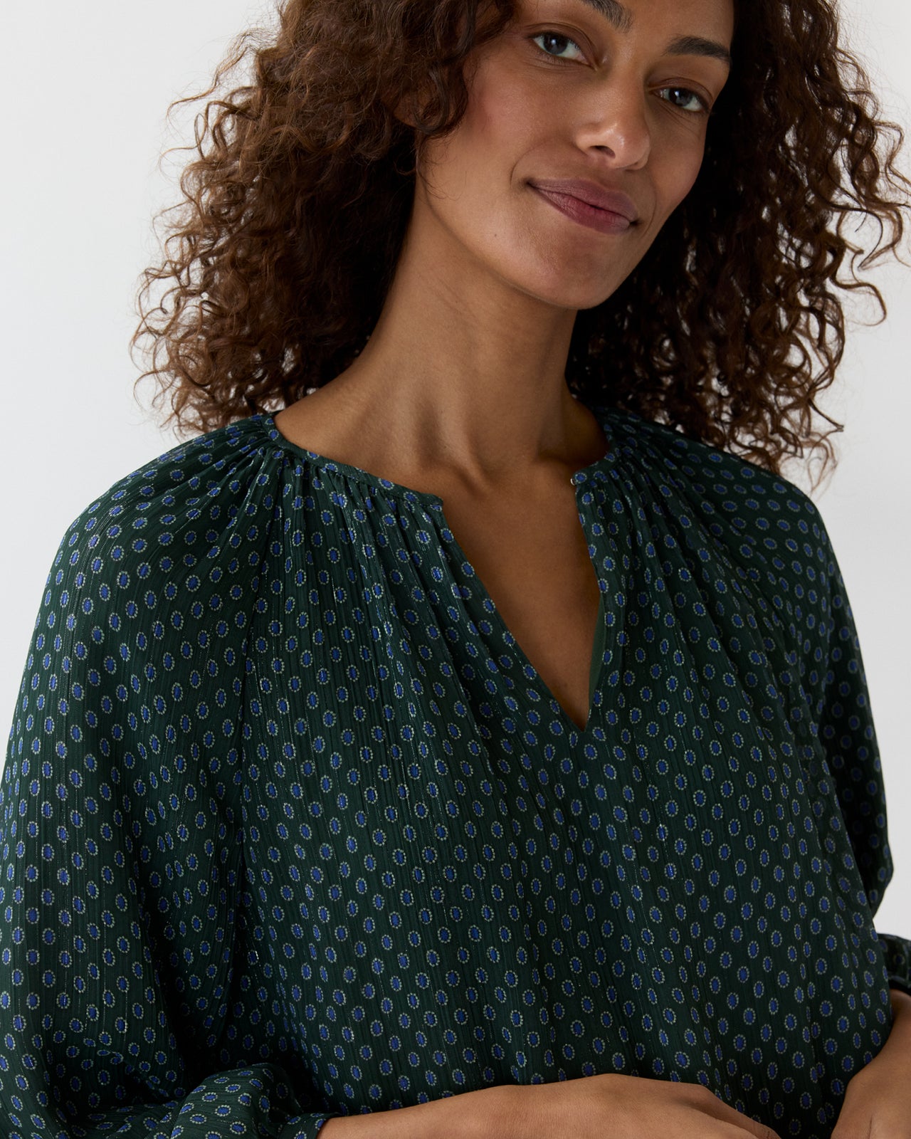 Ariana Blouse in Hunter/Lapis Foulard Metallic Georgette