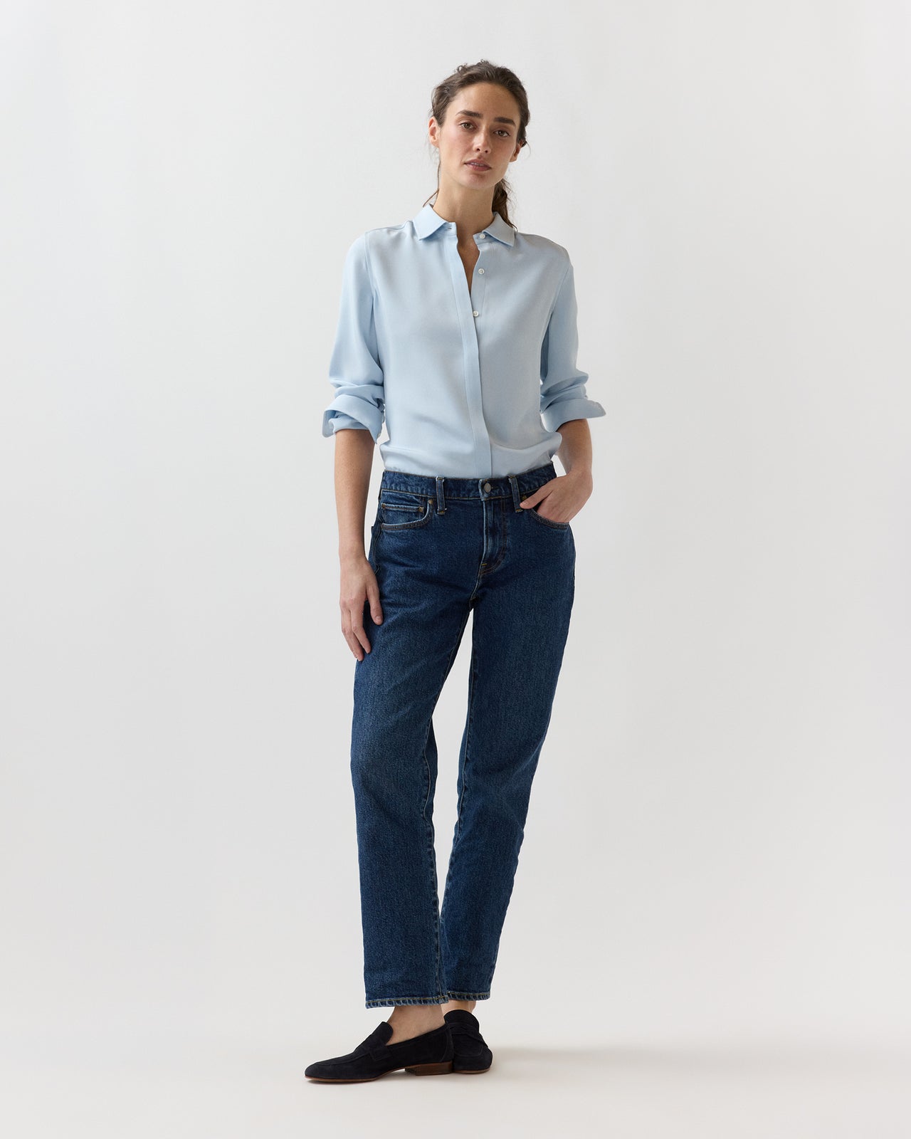 Classic Blouse in Pale Blue Silk Crepe De Chine