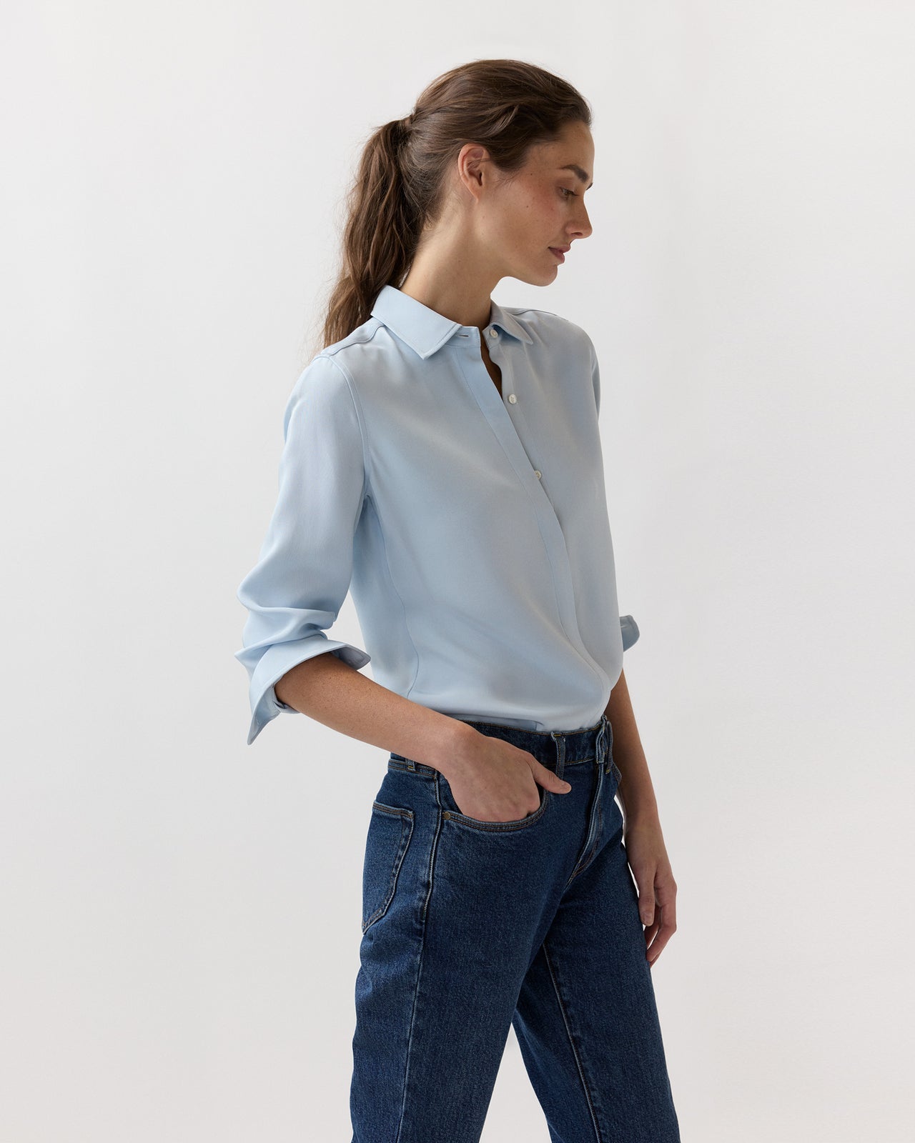 Classic Blouse in Pale Blue Silk Crepe De Chine