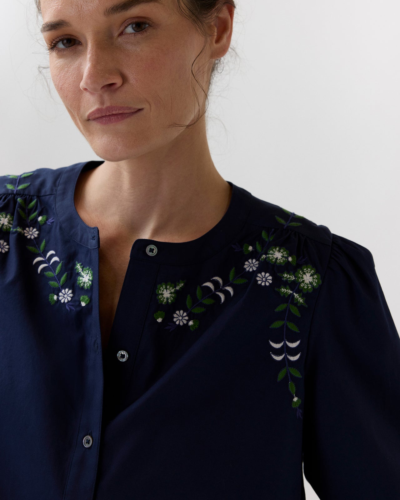 Nanette Blouse in Navy/Green Embroidered Poplin