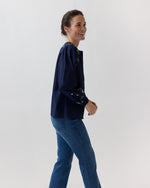 Load image into Gallery viewer, Nanette Blouse in Navy/Green Embroidered Poplin
