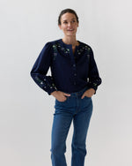 Load image into Gallery viewer, Nanette Blouse in Navy/Green Embroidered Poplin
