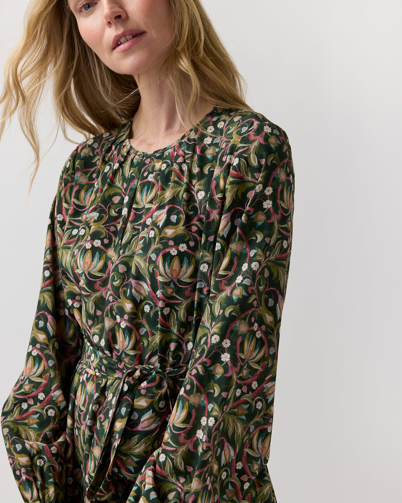 Aba Maxi Dress in Olive/Rose The West Garden Liberty Fabric Silk