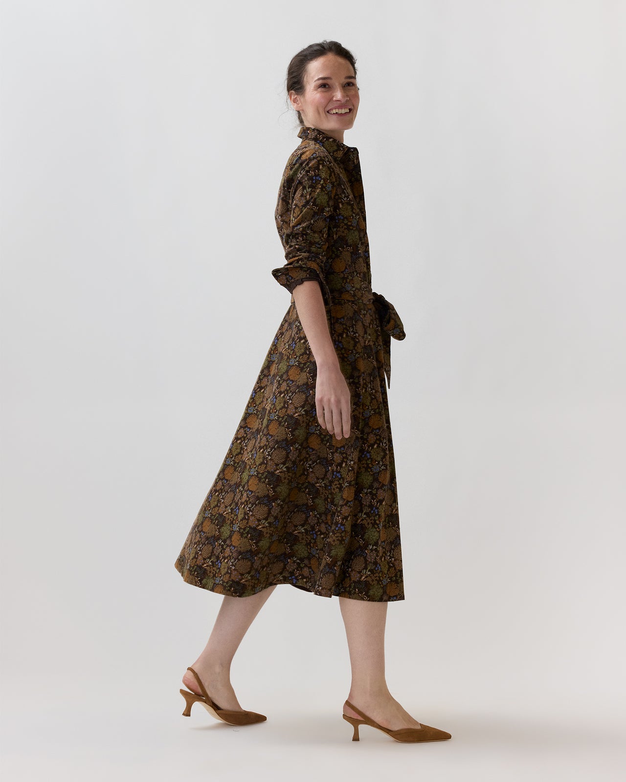 Avery Midi Shirtwaist Dress in Brown/Multi Woodland Print Lightweight Corduroy
