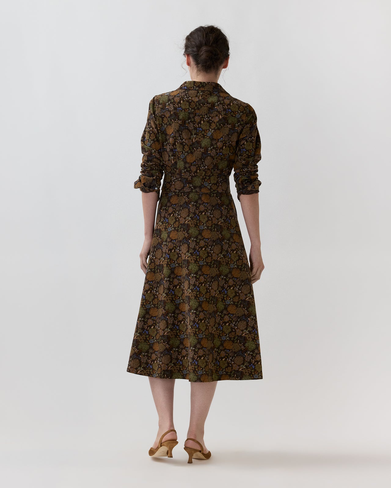 Avery Midi Shirtwaist Dress in Brown/Multi Woodland Print Lightweight Corduroy