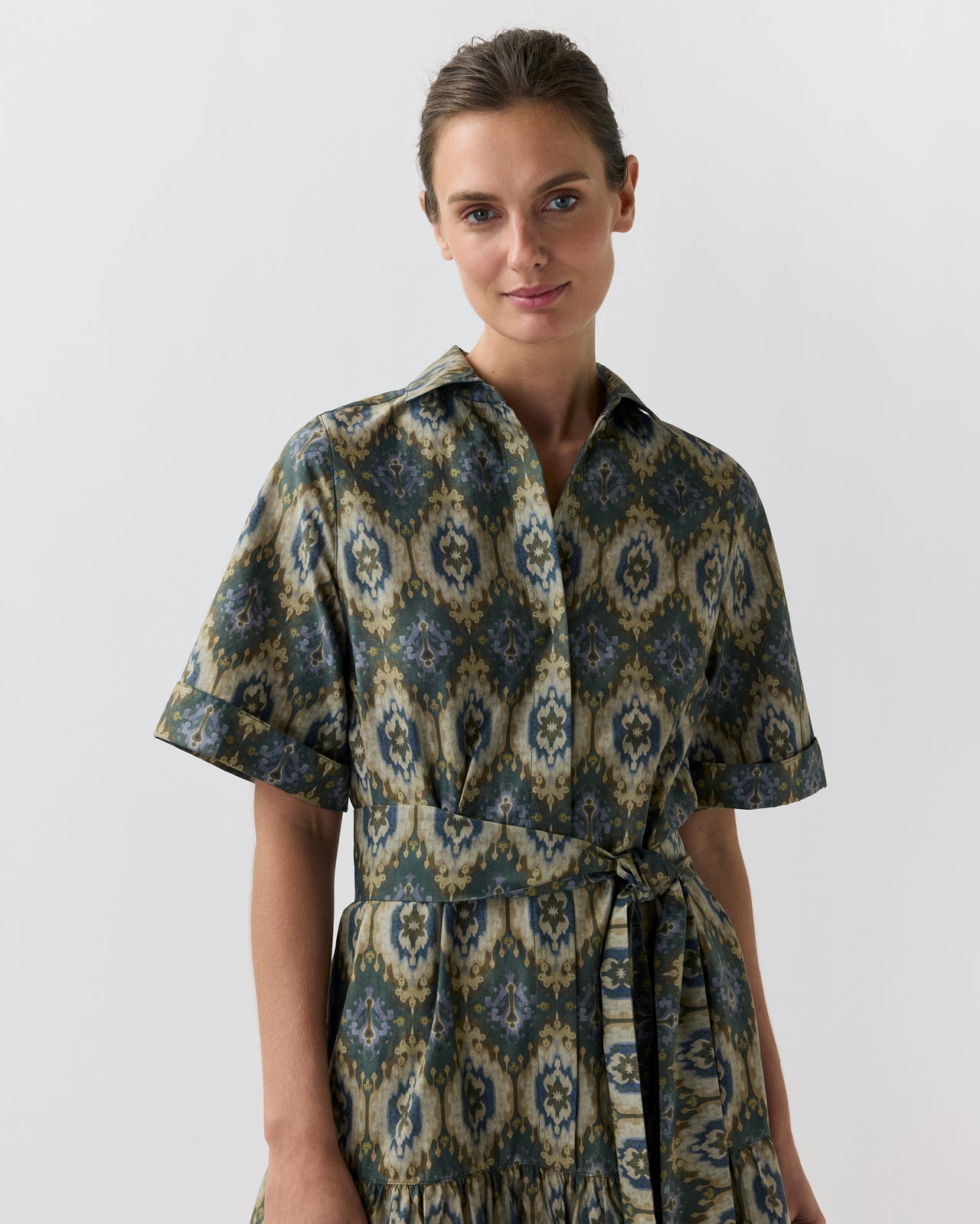 Nathalie Dress in Spruce/Tobacco/Multi Painted Tapestry Poplin