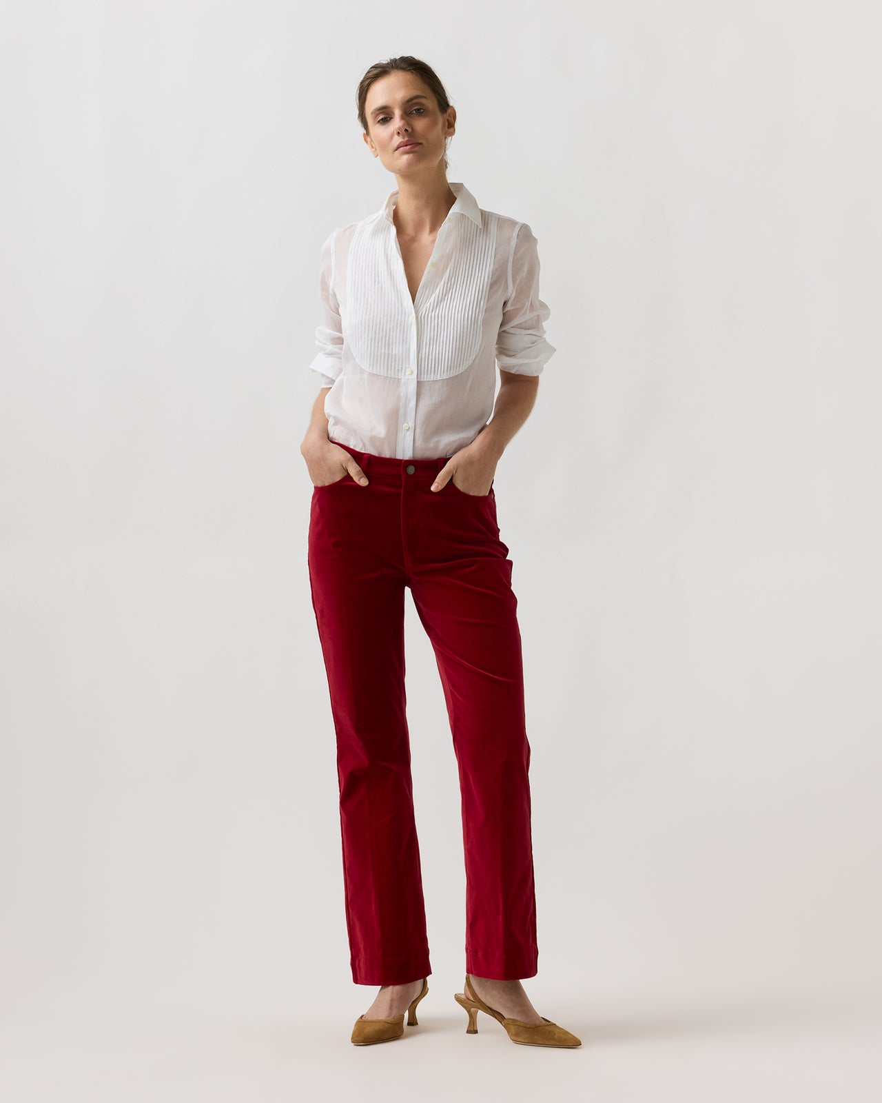 Kendall Flare 5-Pocket Jean in Red Stretch Velveteen