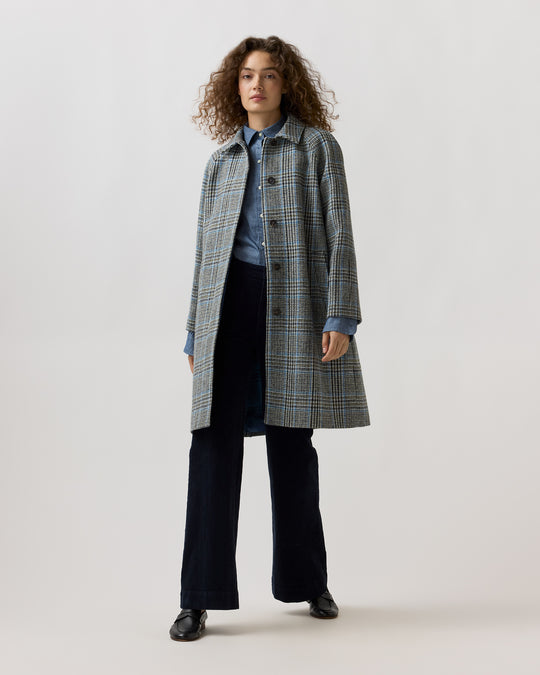 Balmacaan Coat in Grey/Sky Glen Plaid Harris Tweed