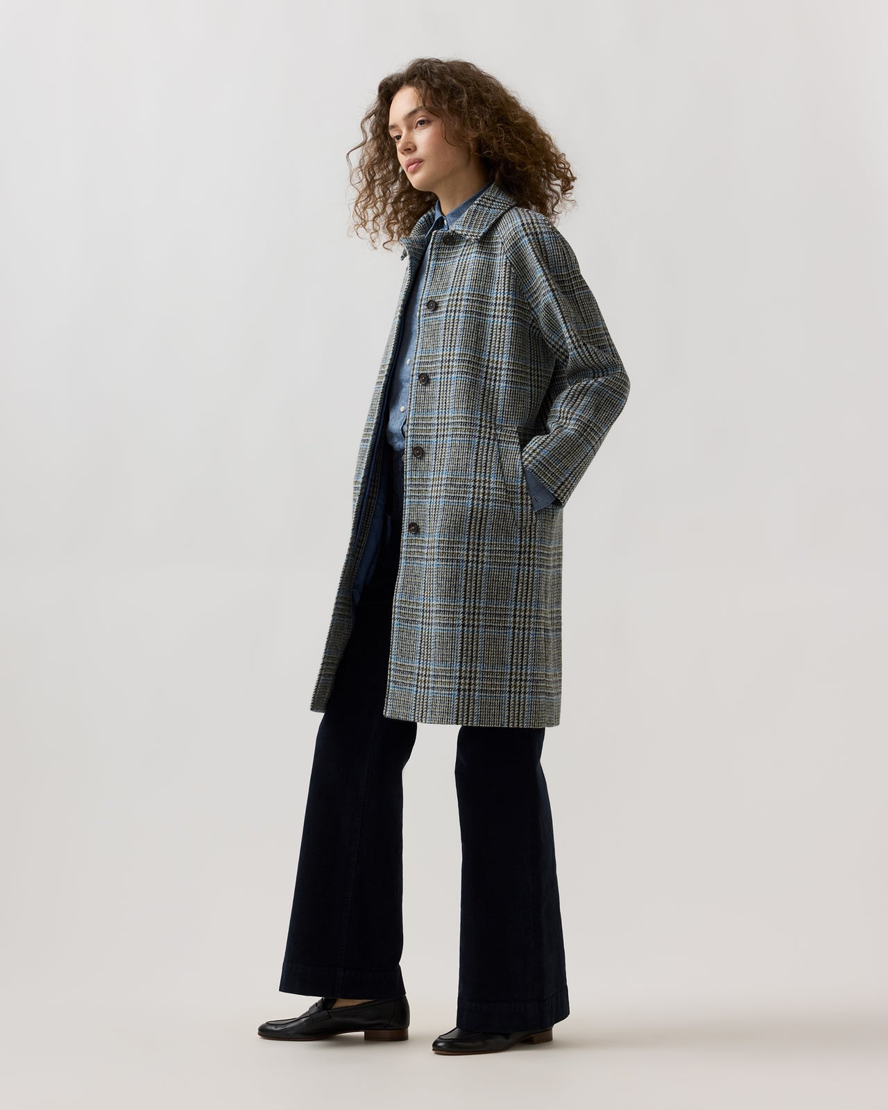 Balmacaan Coat in Grey/Sky Glen Plaid Harris Tweed