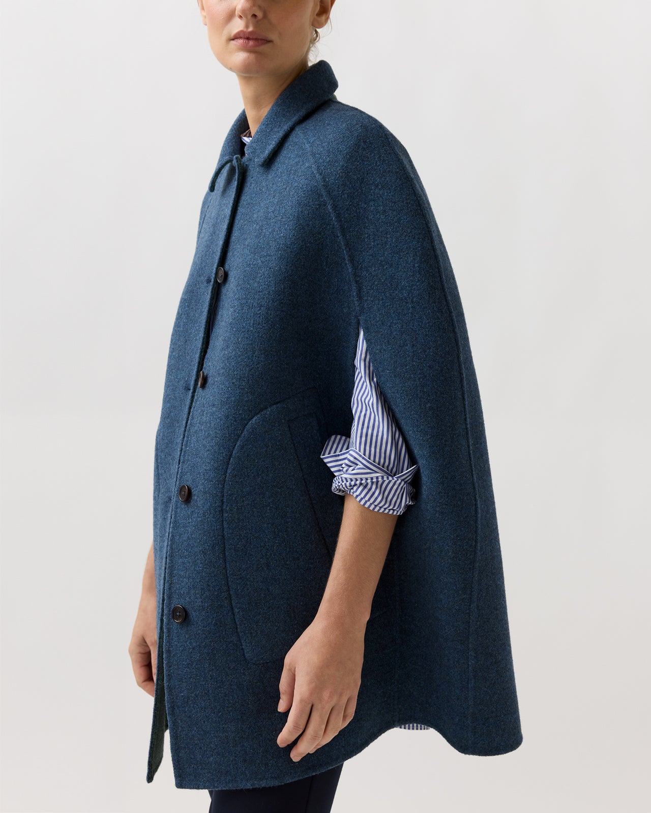 Reversible Bennet Tailored Cape in Lovat/Denim Double-Faced Wool