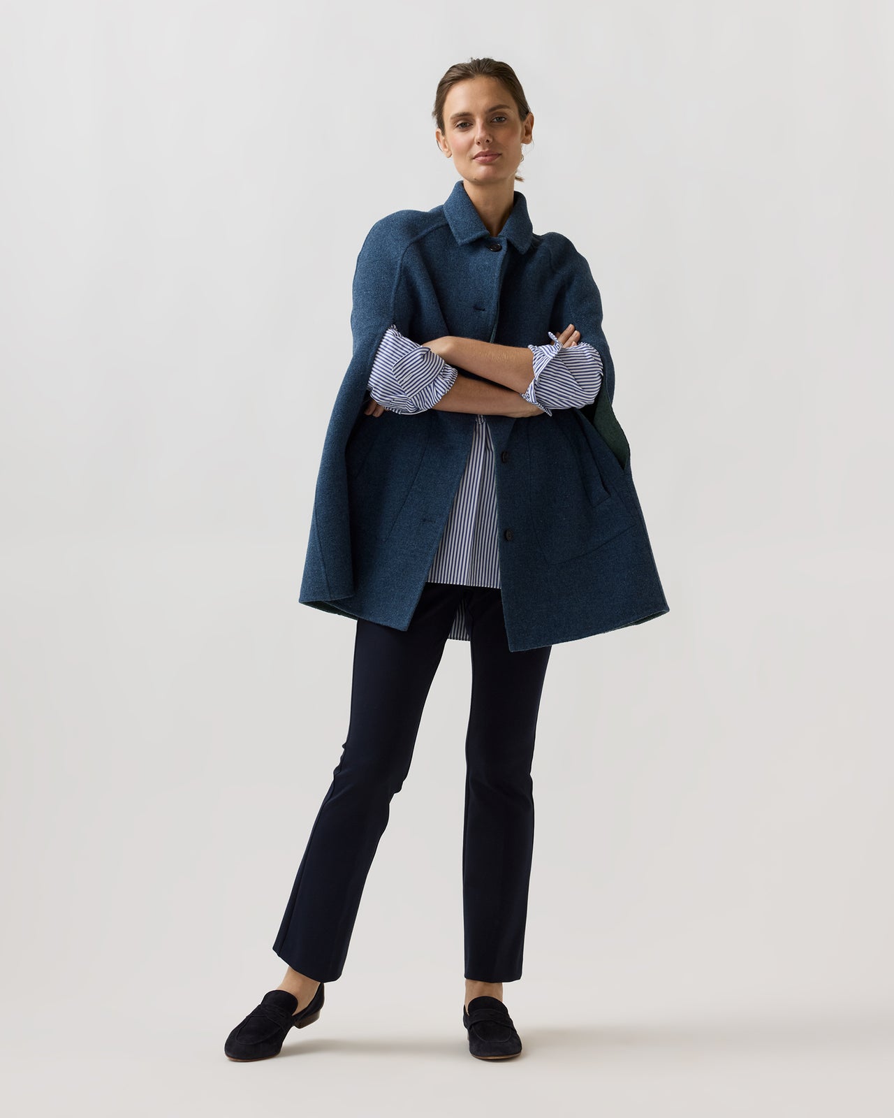 Reversible Bennet Tailored Cape in Lovat/Denim Double-Faced Wool