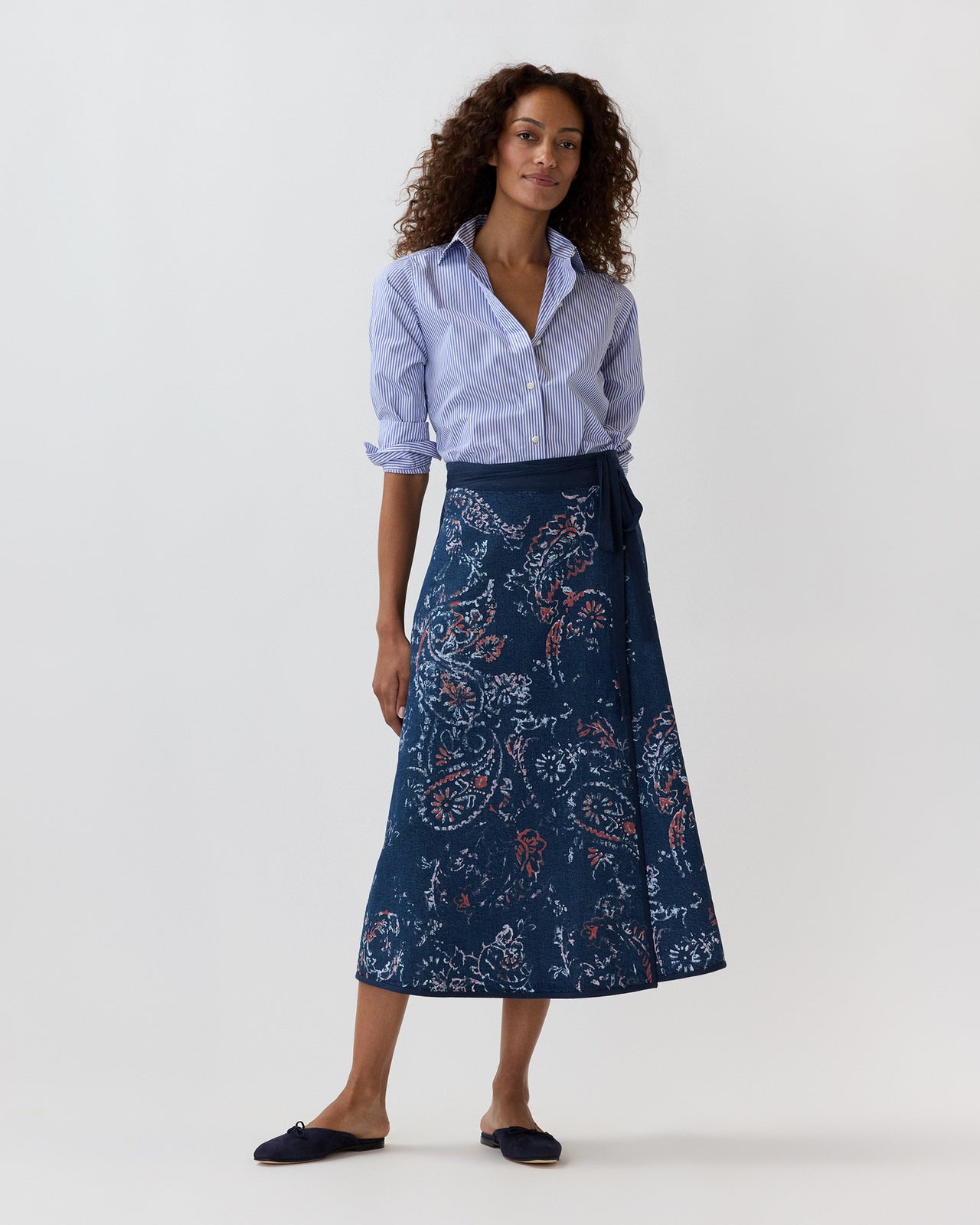 Wren Wrap Skirt in Indigo/Red Painted Paisley Stretch Denim
