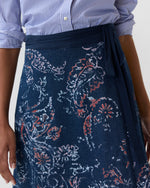 Load image into Gallery viewer, Wren Wrap Skirt in Indigo/Red Painted Paisley Stretch Denim
