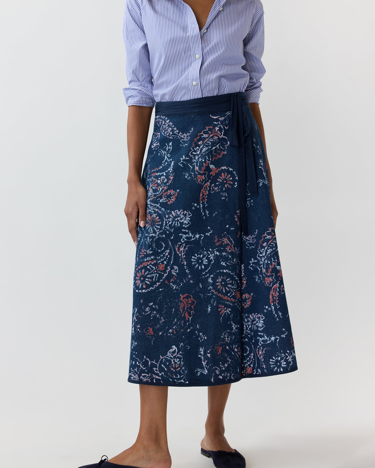 Wren Wrap Skirt in Indigo/Red Painted Paisley Stretch Denim