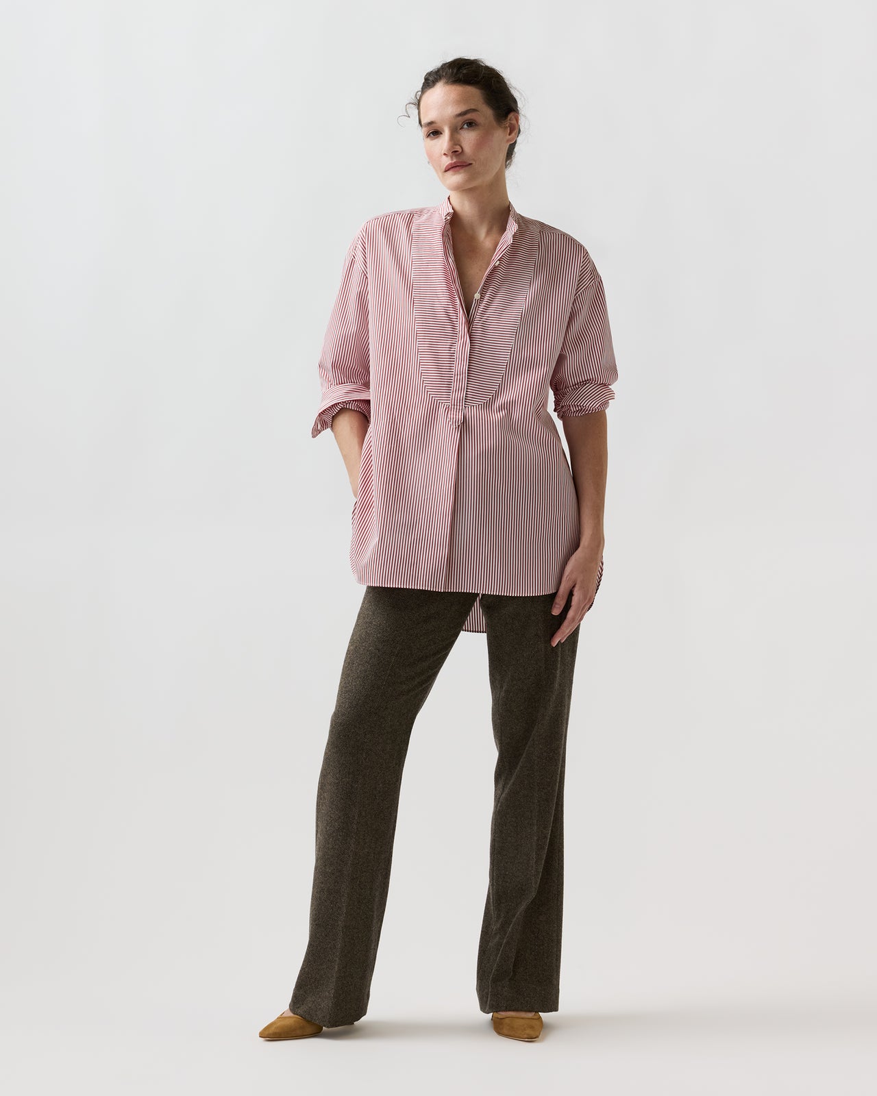Christiane Bib-Front Tunic in Red/White Stripe Poplin