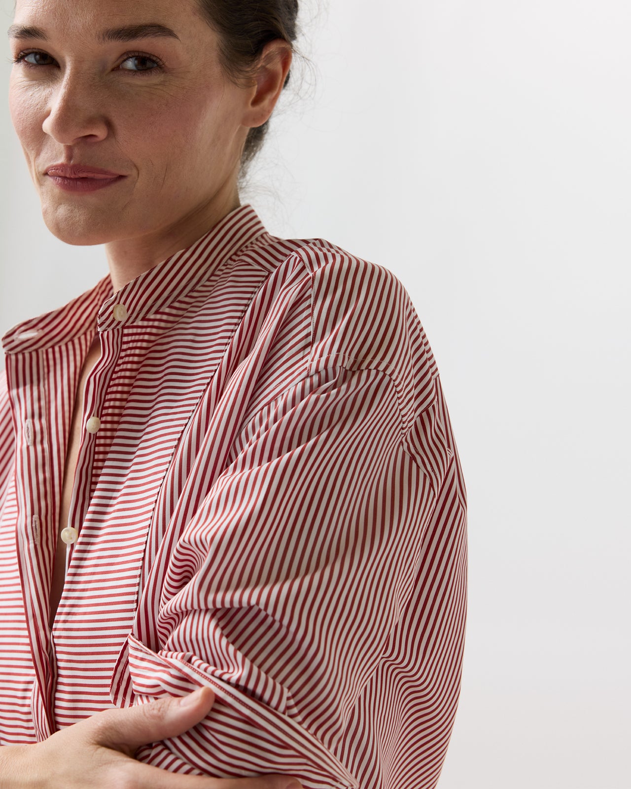 Christiane Bib-Front Tunic in Red/White Stripe Poplin
