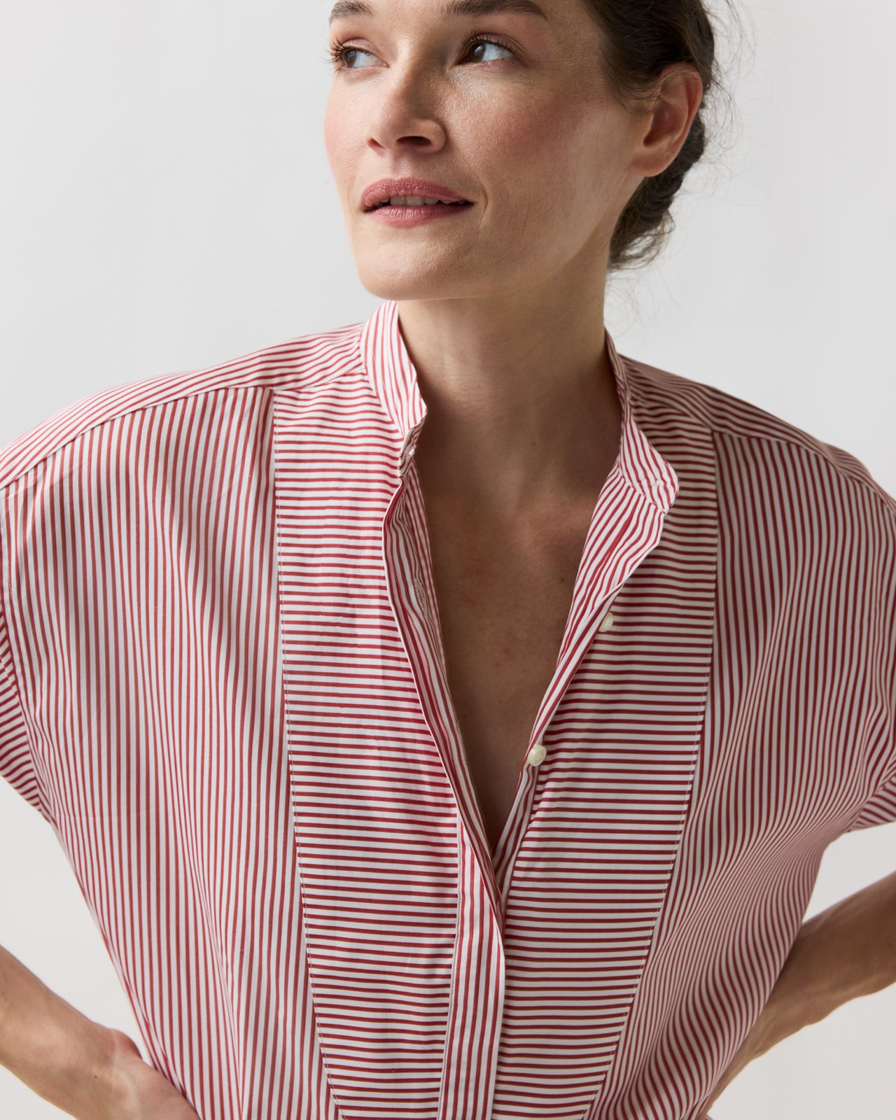 Christiane Bib-Front Tunic in Red/White Stripe Poplin