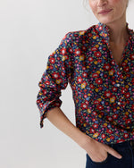 Load image into Gallery viewer, Frill Shirt in Navy/Multi Betsy Meadow Liberty Fabric
