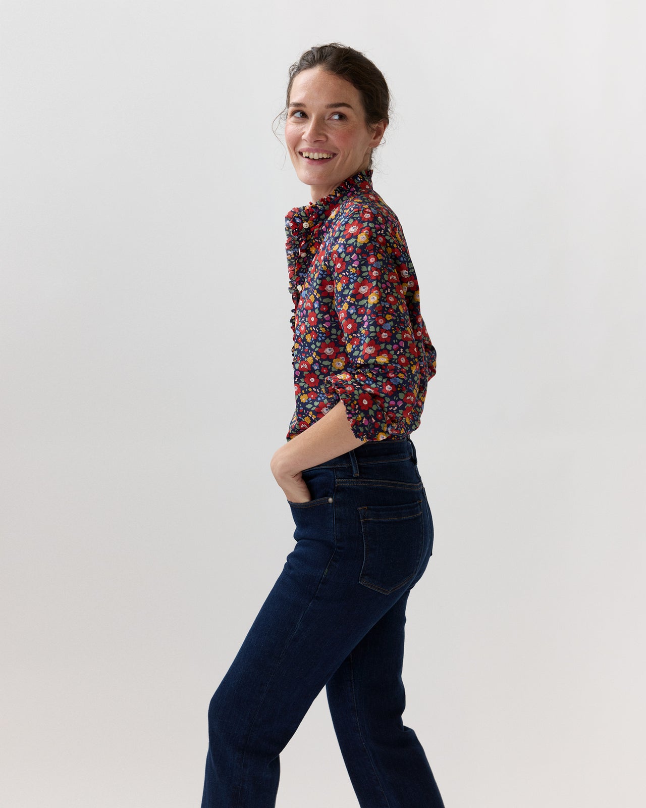 Frill Shirt in Navy/Multi Betsy Meadow Liberty Fabric